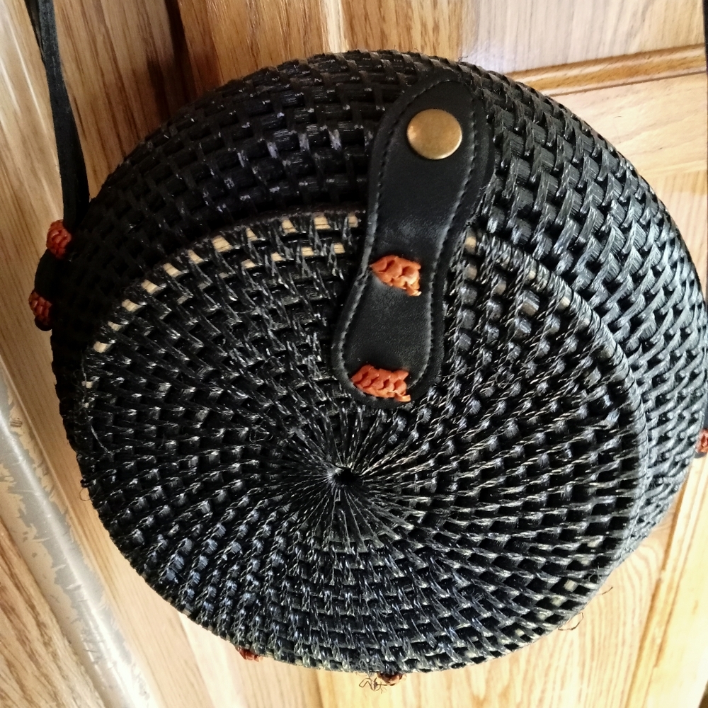 Black Woven Round Crossbody Bag